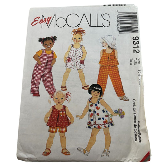 McCalls Sewing Pattern 9312 Toddlers Dress Top Jumpsuit Pants Shorts 12M-3T UC