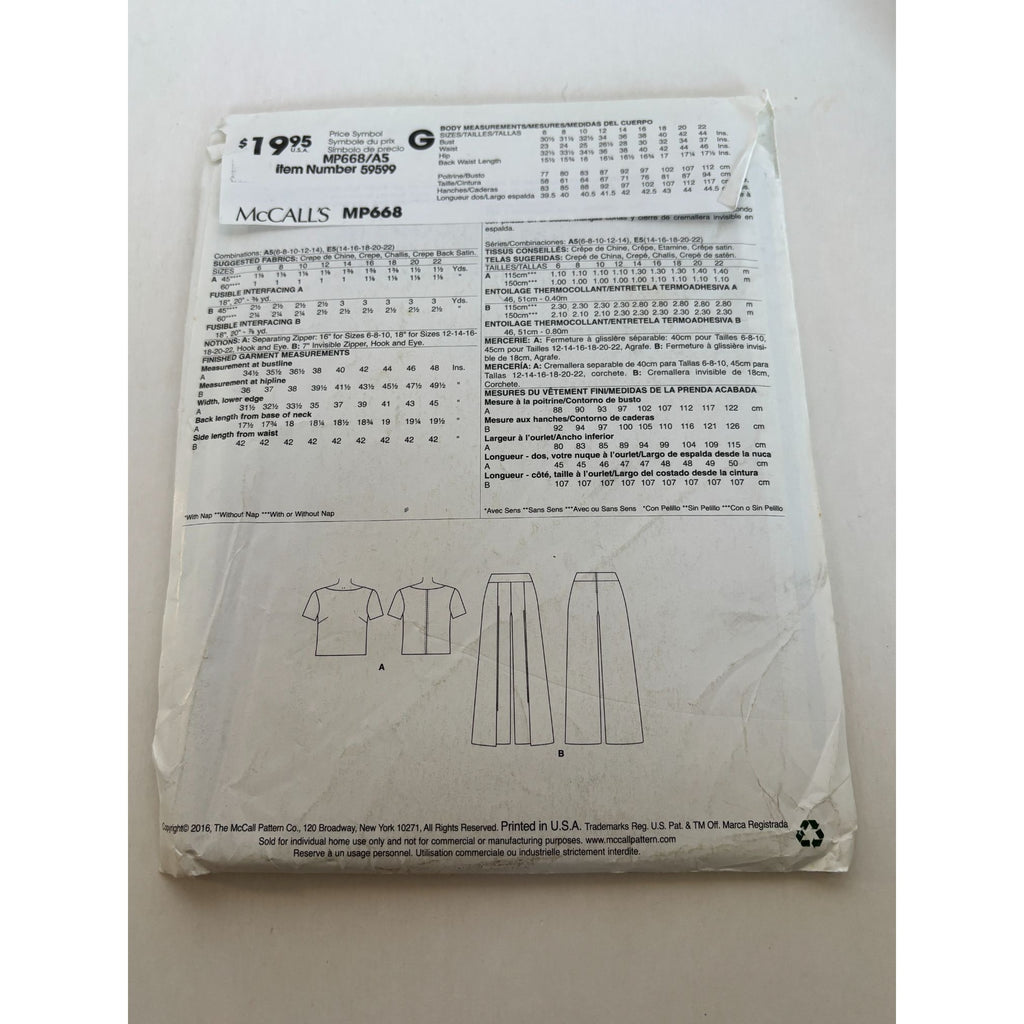 McCalls Sewing Pattern MP668 Round Neck Shirt Top Back Zipper Pants Work 6-14 UC