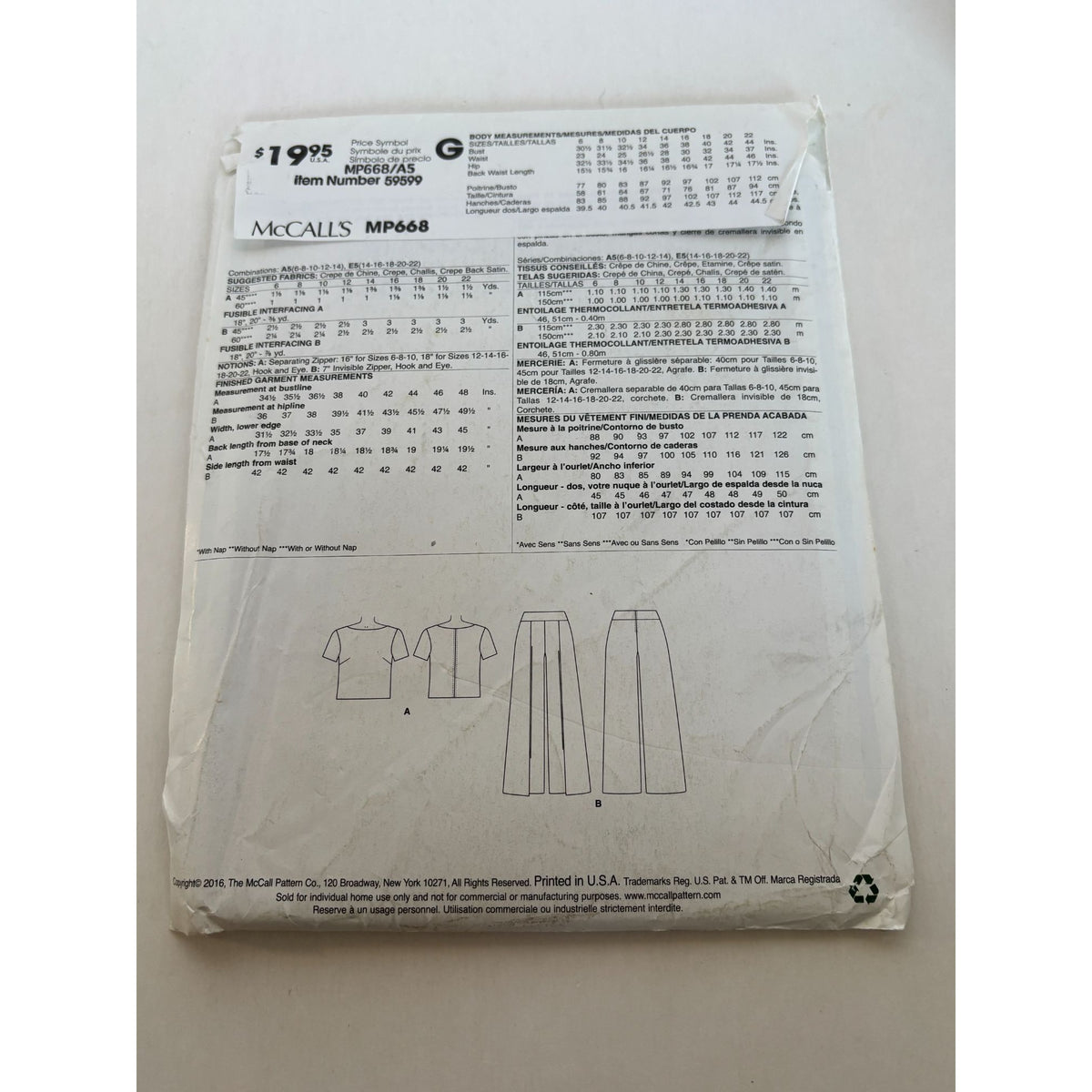 McCalls Sewing Pattern MP668 Round Neck Shirt Top Back Zipper Pants Work 6-14 UC