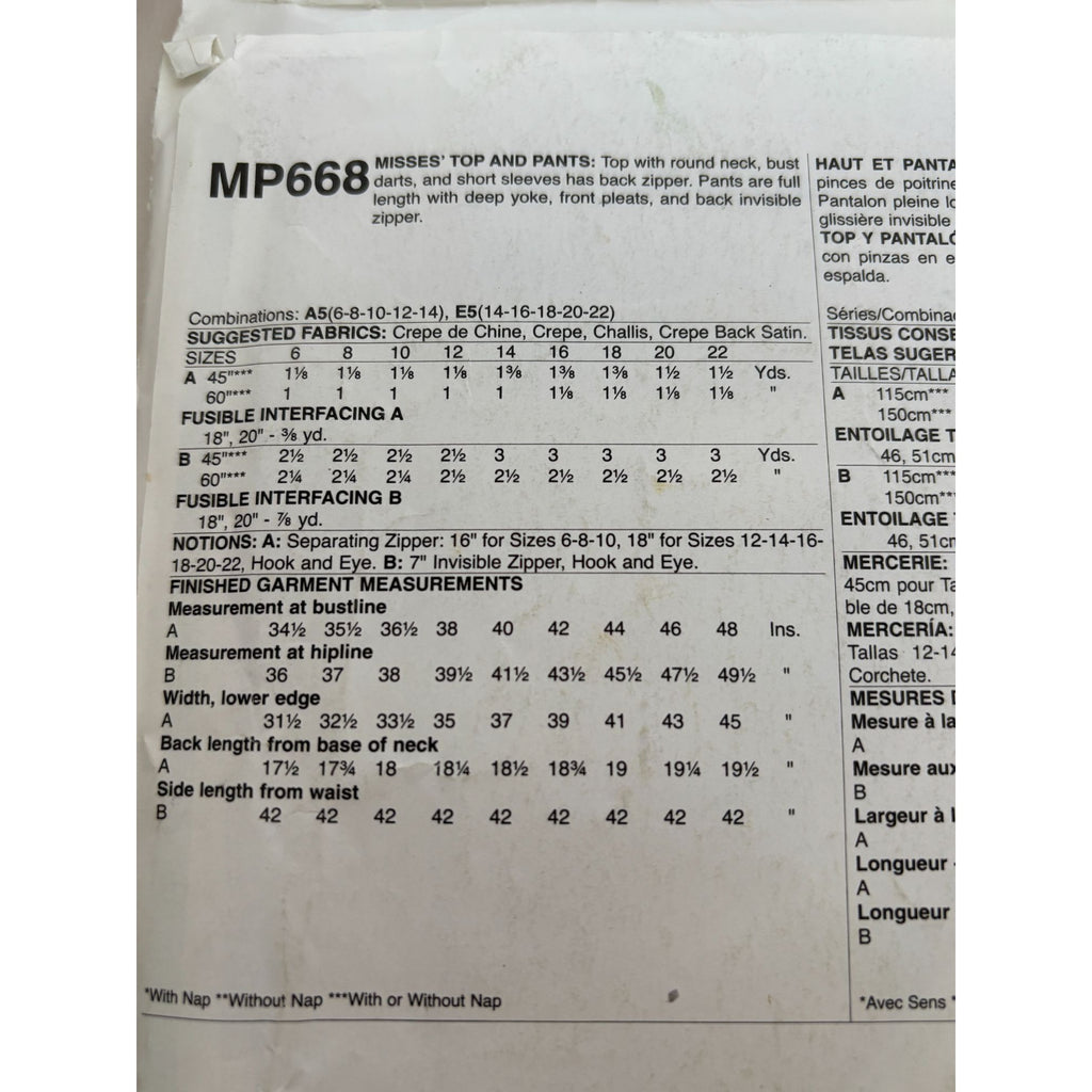 McCalls Sewing Pattern MP668 Round Neck Shirt Top Back Zipper Pants Work 6-14 UC