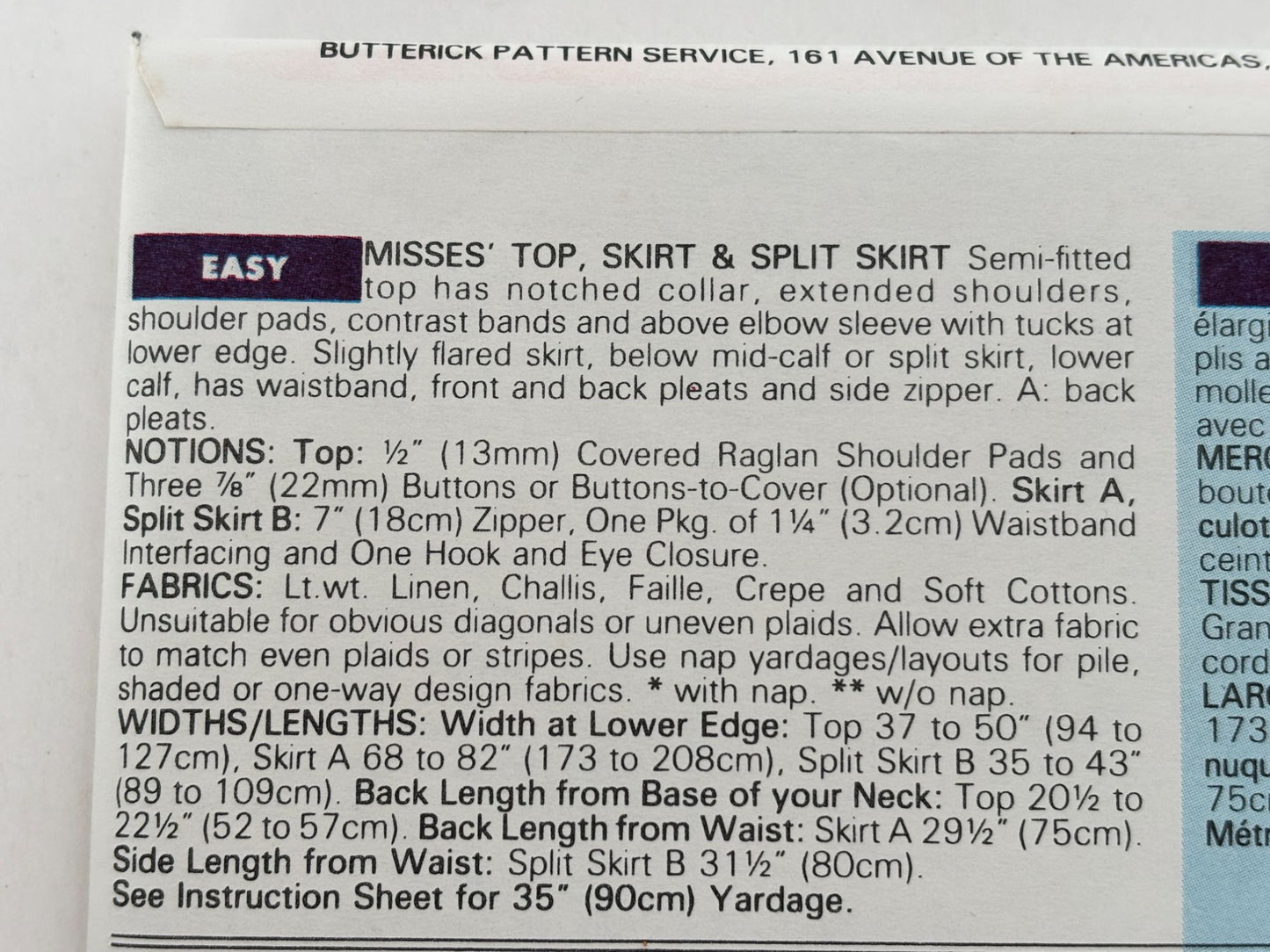Butterick Sewing Pattern 6574 Top Skirt Split Skirt Work Outfit 1990s 6 8 10 UC