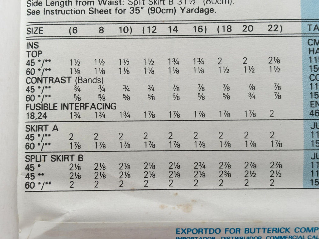 Butterick Sewing Pattern 6574 Top Skirt Split Skirt Work Outfit 1990s 6 8 10 UC