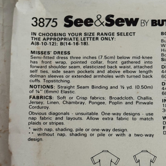 Butterick See and Sew Sewing Pattern 3875 Misses Dress Front Wrap 8 10 12 Uncut