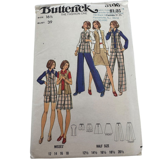 Butterick Pattern 3109 Misses Vest Skirt Pants Shorts 1970s Outfit Size 16.5 UC