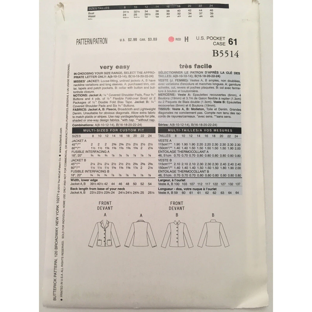 Butterick B5514 Misses Sewing Pattern Easy Jacket Button Up 8 10 12 14 Uncut