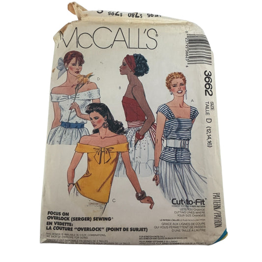 McCalls Sewing Pattern 3662 Off Shoulder Tops 12–16 Shirt 1980s Vintage Uncut