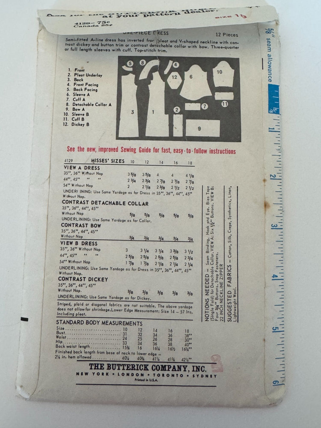 Butterick Sewing Pattern 4129 One Piece Dress 18 Jean Muir Designer Rare Vintage