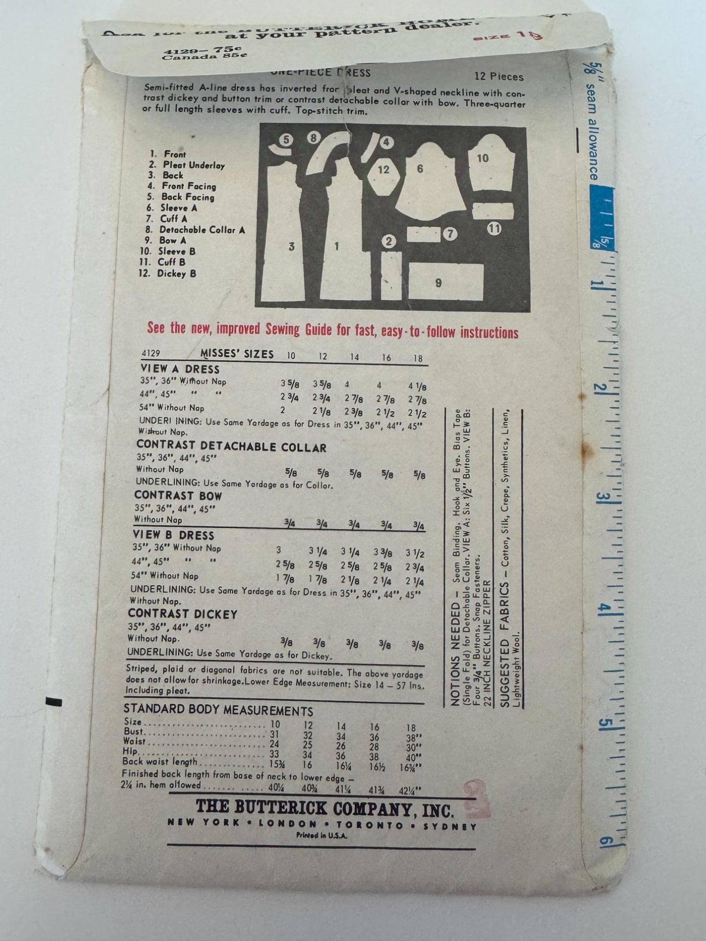 Butterick Sewing Pattern 4129 One Piece Dress 18 Jean Muir Designer Rare Vintage