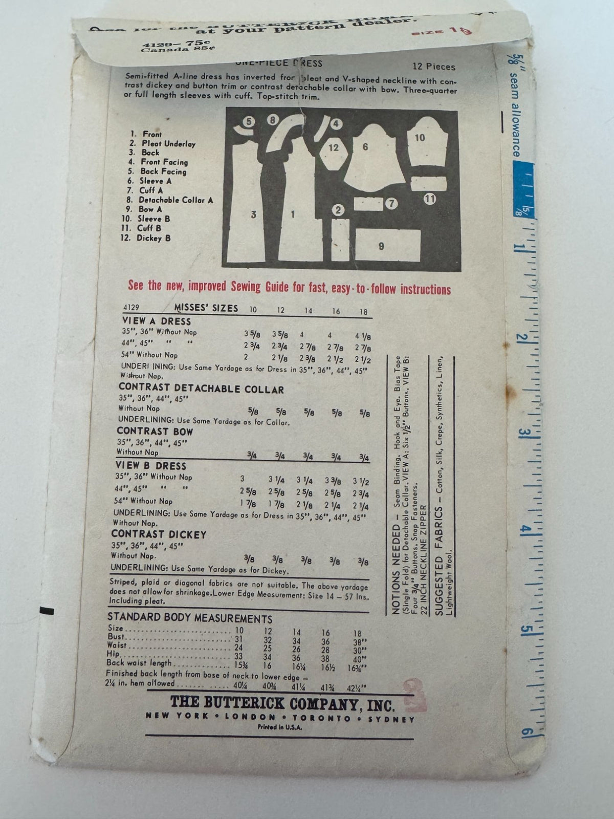 Butterick Sewing Pattern 4129 One Piece Dress 18 Jean Muir Designer Rare Vintage