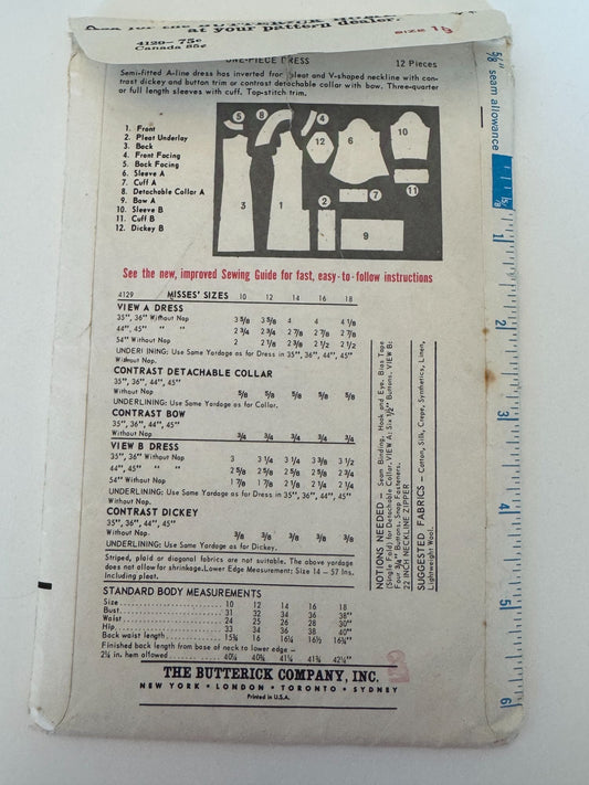 Butterick Sewing Pattern 4129 One Piece Dress 18 Jean Muir Designer Rare Vintage