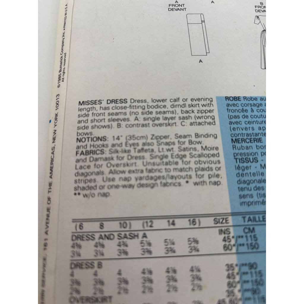 Butterick Sewing Pattern 3235 Modest Formal Dress Short Sleeve 1980s 12 14 16 UC