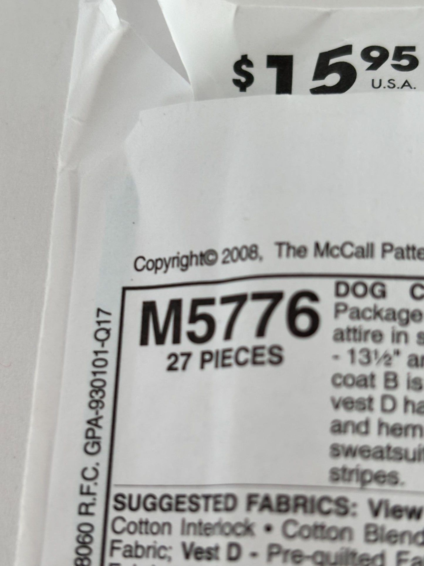 McCalls Sewing Pattern M5776 Crafts Pet Clothing Dog Coats Scarf  Leg Warmers UC