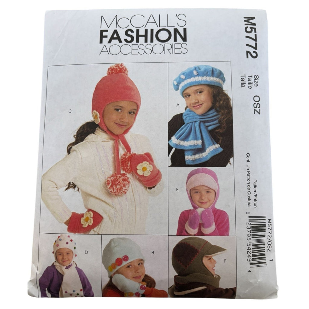 McCalls Sewing Pattern M5772 Kids Winter Hat Scarf Mittens Pompoms Girls Uncut