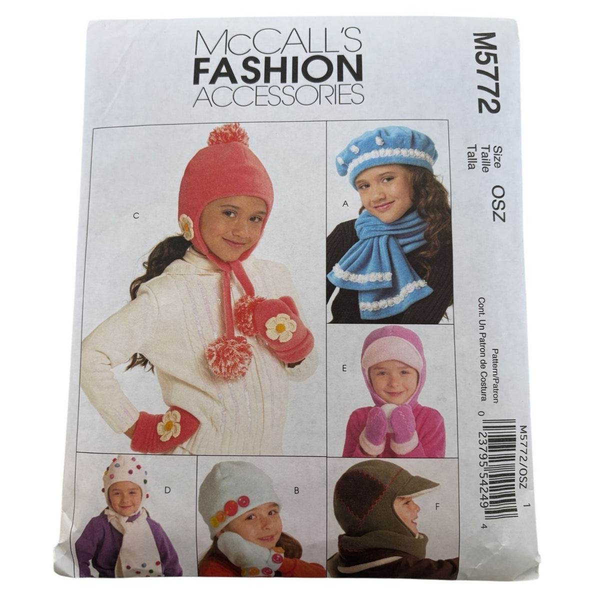 McCalls Sewing Pattern M5772 Kids Winter Hat Scarf Mittens Pompoms Girls Uncut