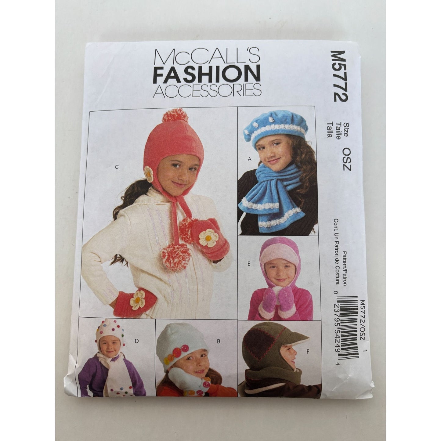 McCalls Sewing Pattern M5772 Kids Winter Hat Scarf Mittens Pompoms Girls Uncut