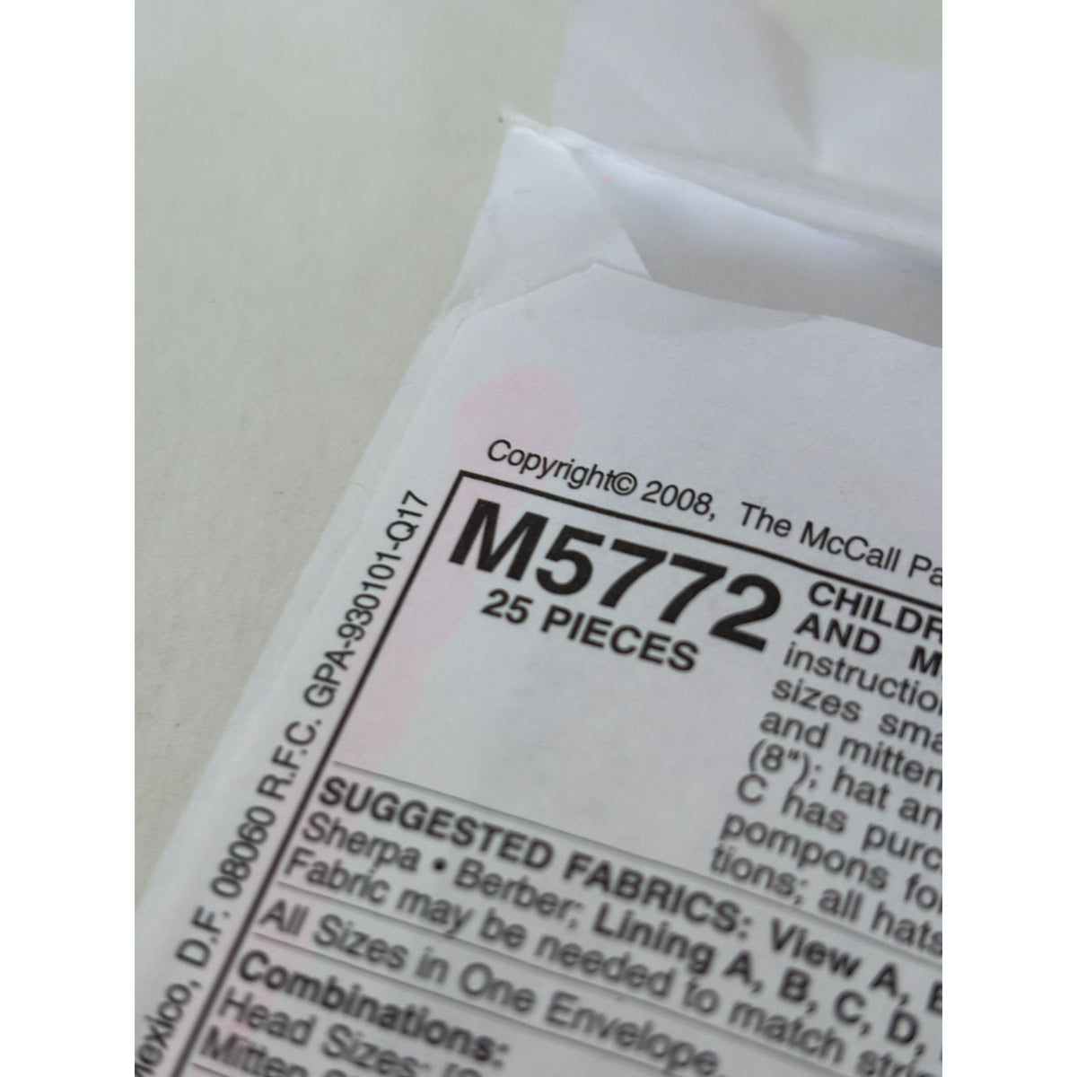 McCalls Sewing Pattern M5772 Kids Winter Hat Scarf Mittens Pompoms Girls Uncut