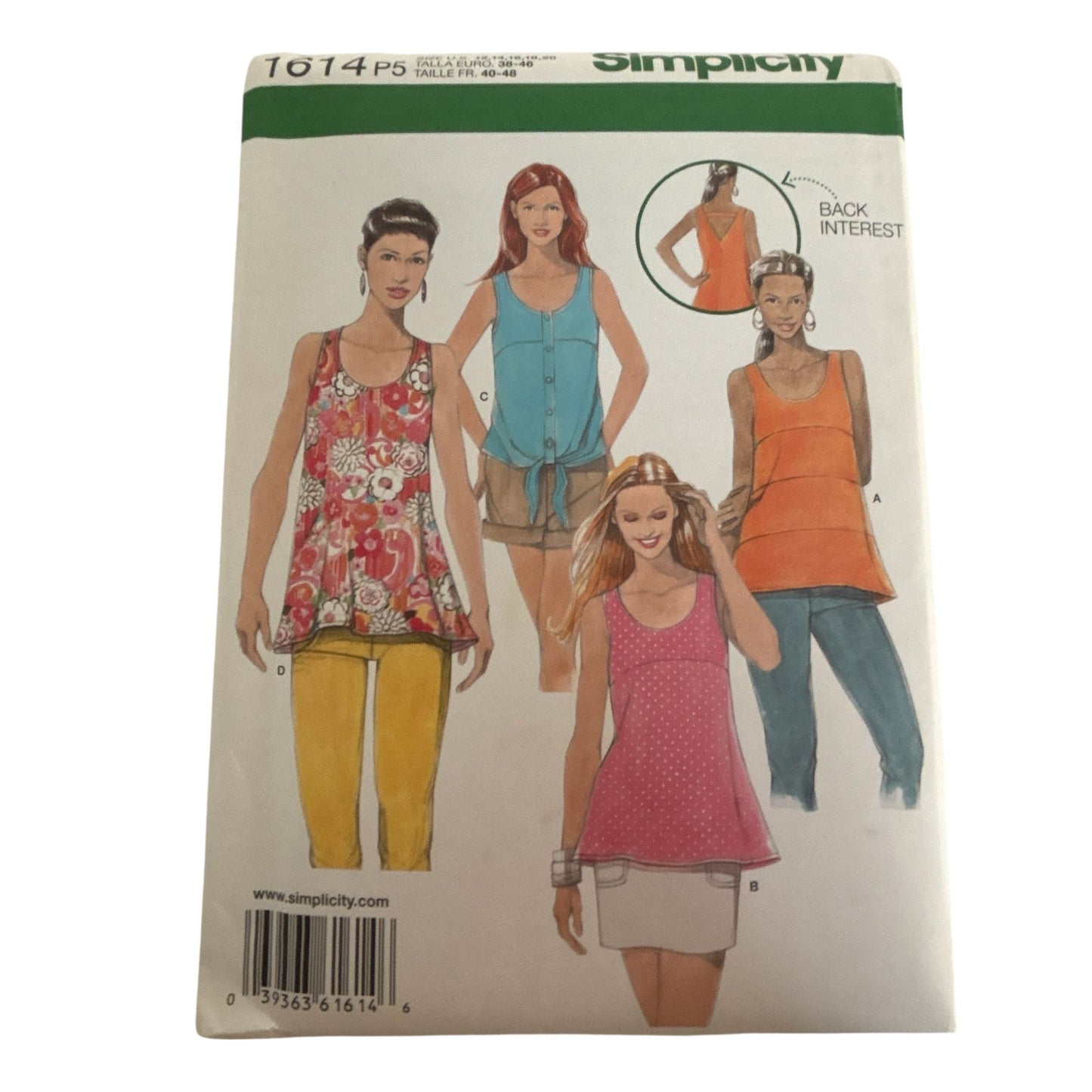 Simplicity Sewing Pattern 1614 Misses Summer Tops Sleeveless Shirt 12-20 Uncut