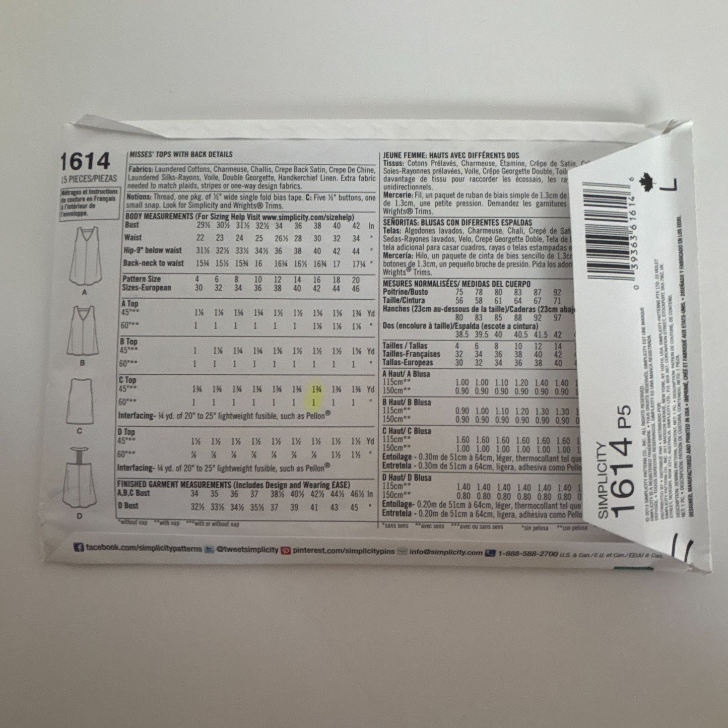 Simplicity Sewing Pattern 1614 Misses Summer Tops Sleeveless Shirt 12-20 Uncut