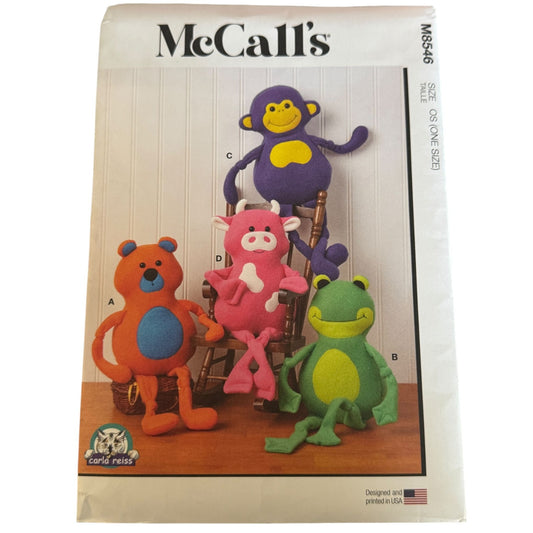 McCalls Sewing Pattern M8546 Plush Animal Frog Monkey Cow Bear Stuffed Animals