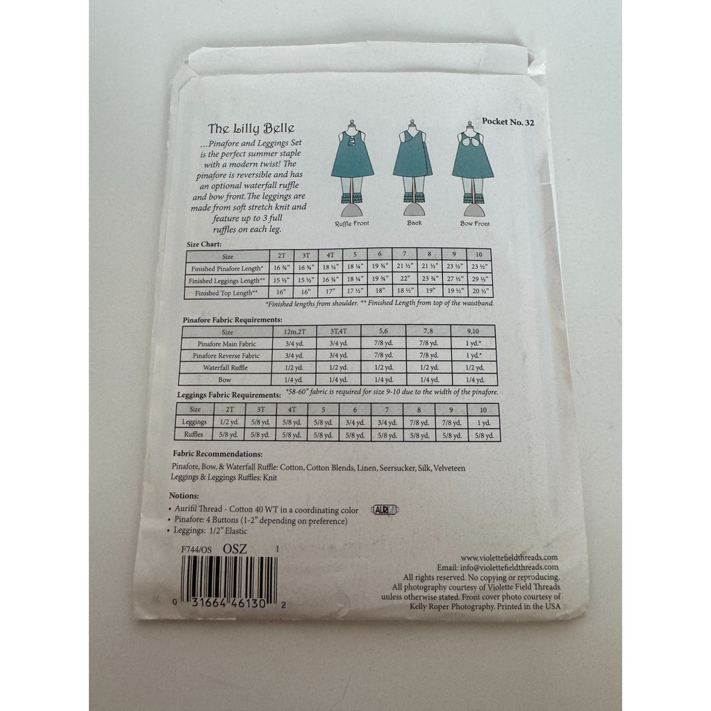 Violette Field Threads Sewing Pattern F744 Lilly Belle Pinafore Leggings 12M-10Y