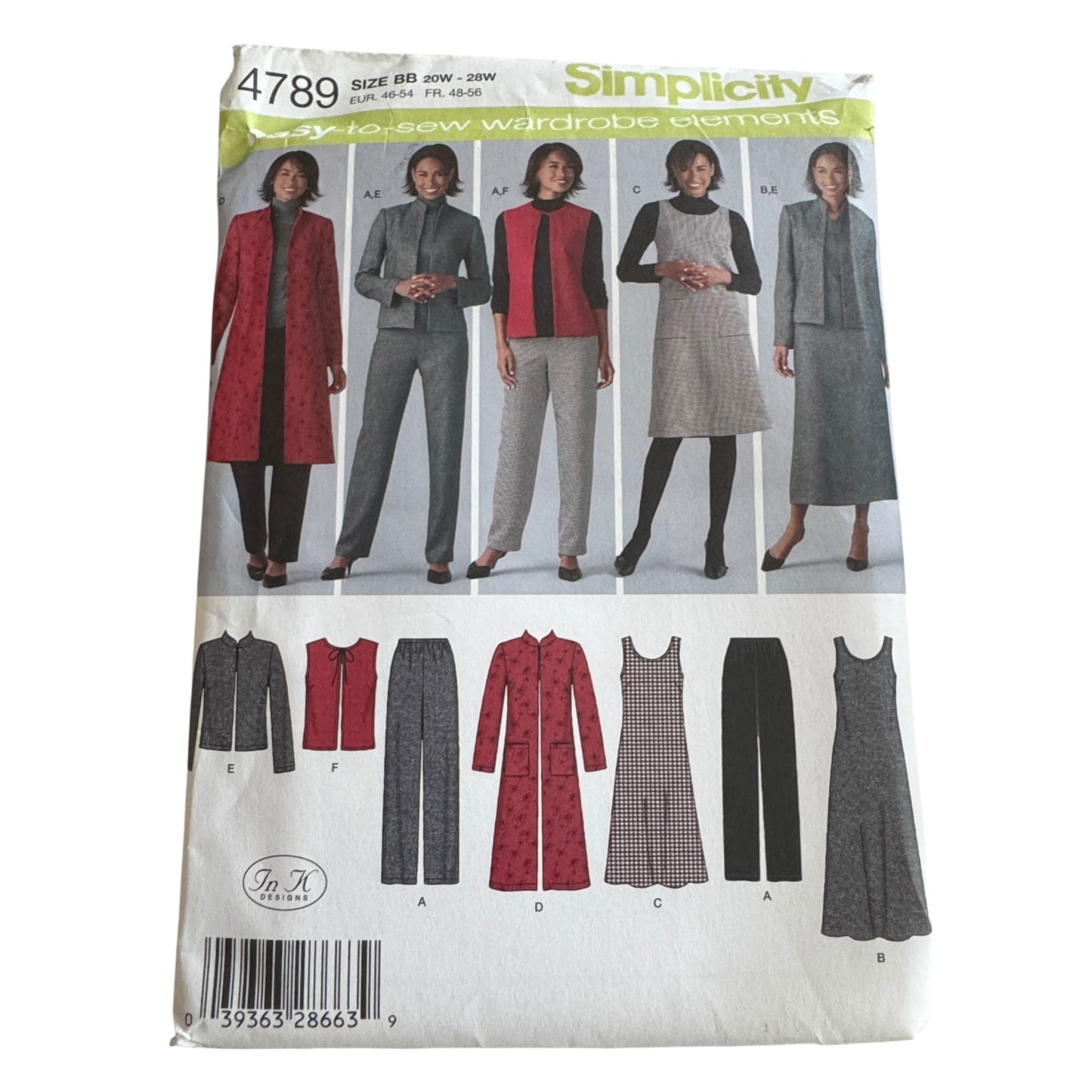 Simplicity Sewing Pattern 4789 Womens Wardrobe Pants Vest Jacket Jumper 20W-28W