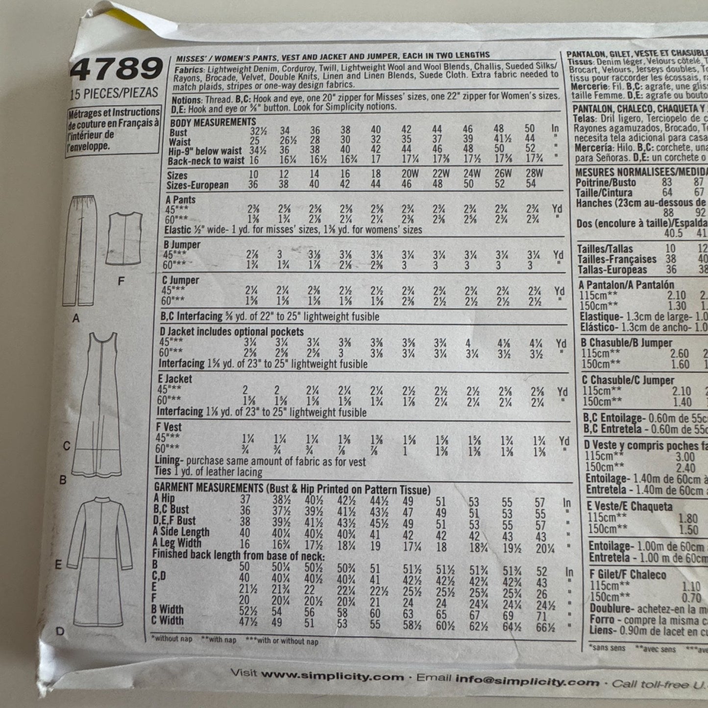 Simplicity Sewing Pattern 4789 Womens Wardrobe Pants Vest Jacket Jumper 20W-28W