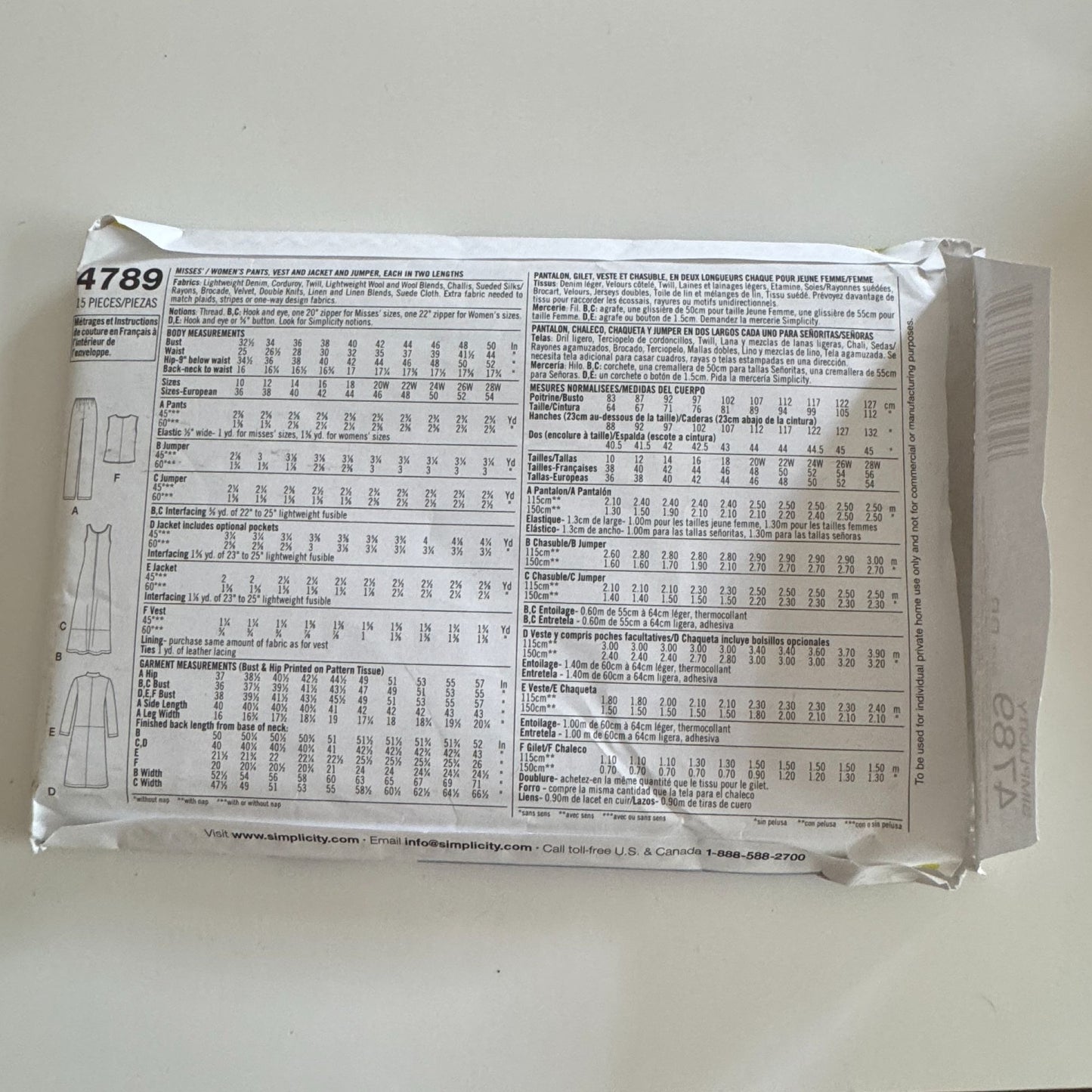 Simplicity Sewing Pattern 4789 Womens Wardrobe Pants Vest Jacket Jumper 20W-28W