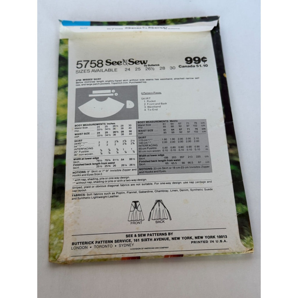 Butterick Sewing Pattern 5758 Flared Skirt Pockets Vintage Waist 26.5 inch Uncut