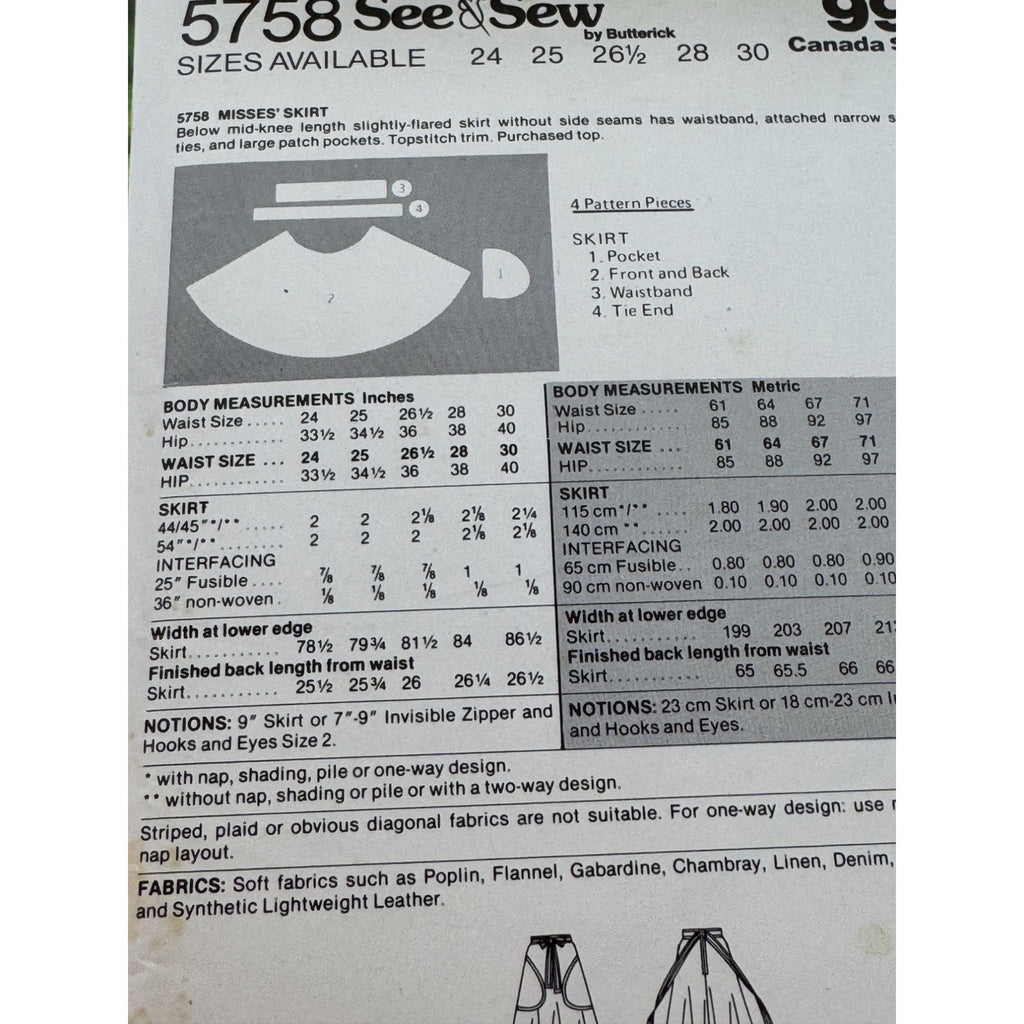 Butterick Sewing Pattern 5758 Flared Skirt Pockets Vintage Waist 26.5 inch Uncut