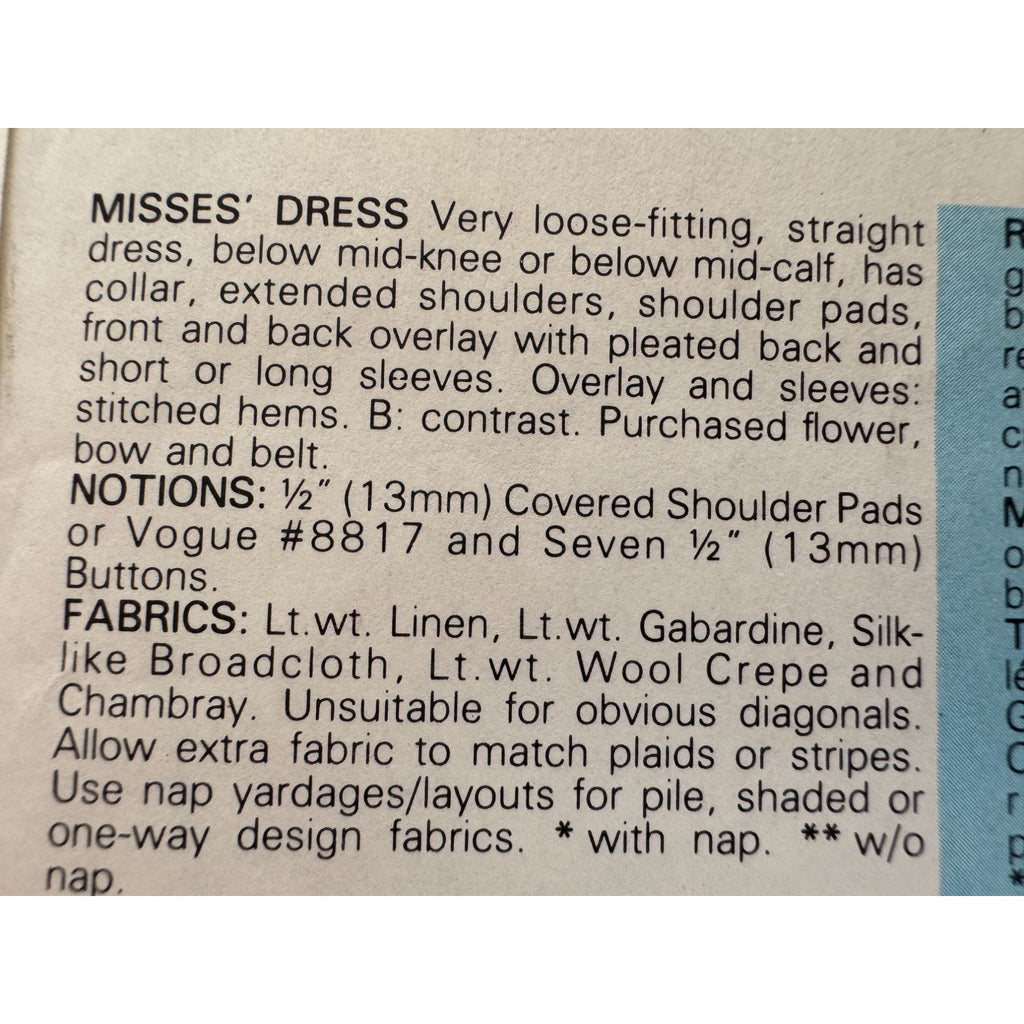 Very Easy Very Vogue Sewing Pattern 9371 Straight Dress Below Mid-Knee UC 6 8 10