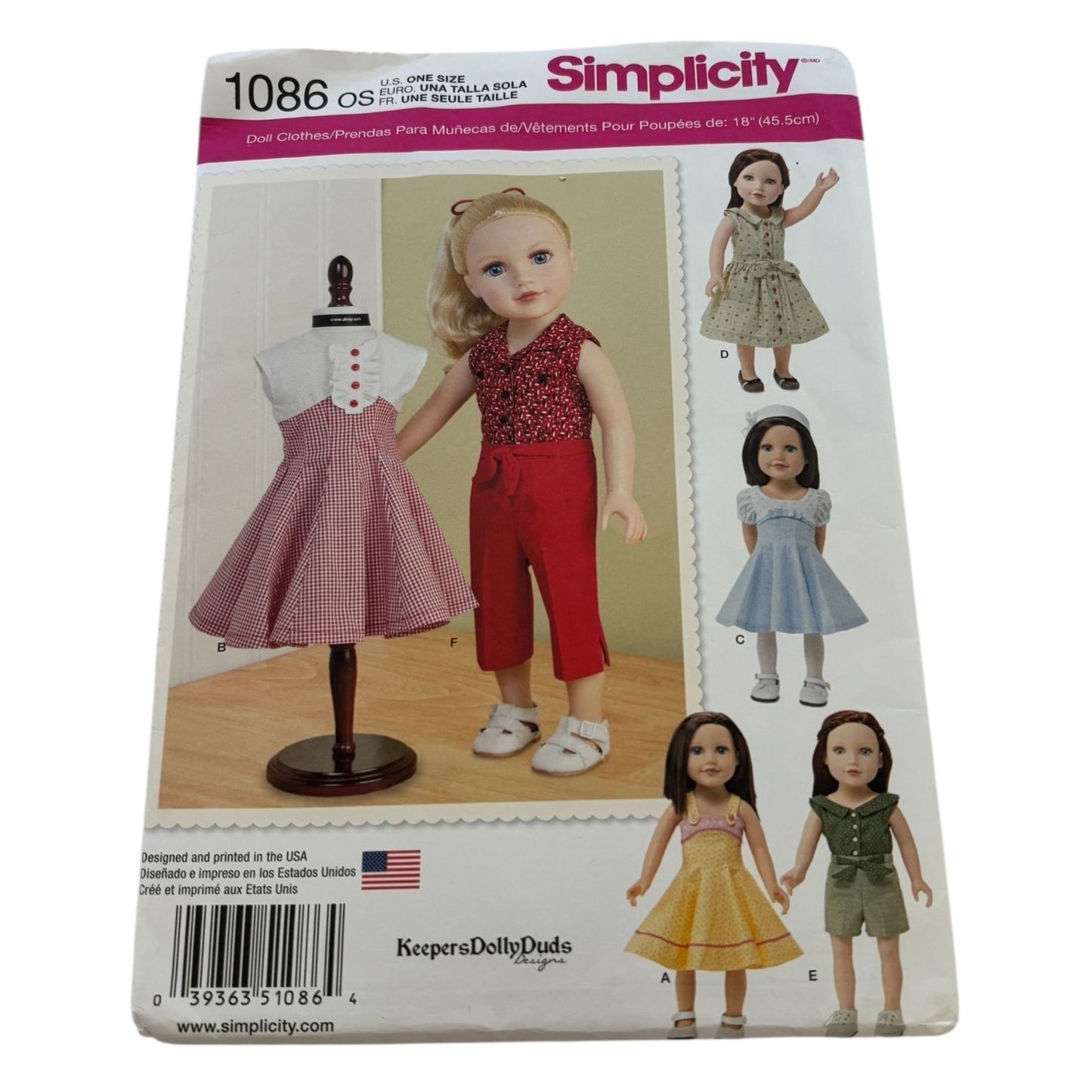 Simplicity Sewing Pattern 1086 18 Inch Doll Clothes Clothing Dress Pants Top UC