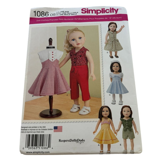 Simplicity Sewing Pattern 1086 18 Inch Doll Clothes Clothing Dress Pants Top UC