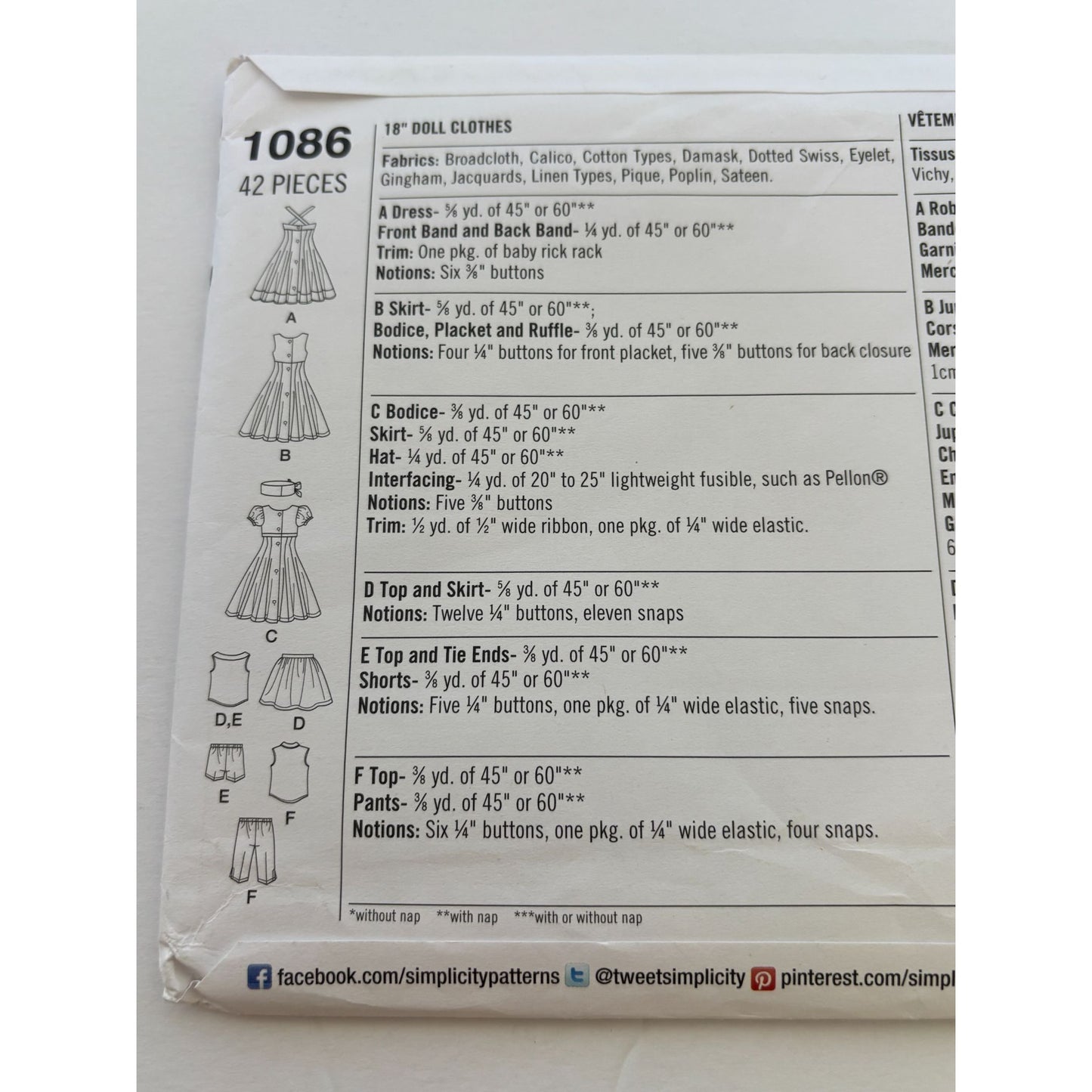 Simplicity Sewing Pattern 1086 18 Inch Doll Clothes Clothing Dress Pants Top UC