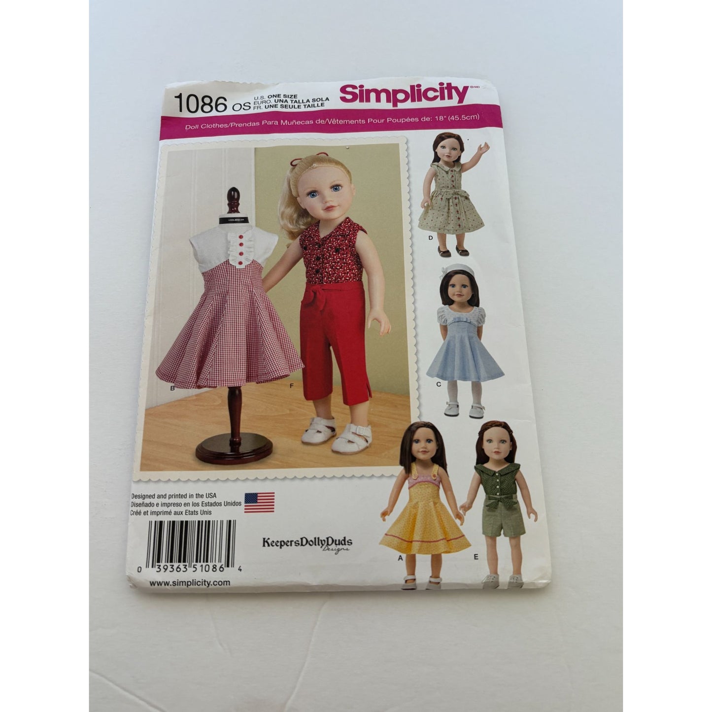Simplicity Sewing Pattern 1086 18 Inch Doll Clothes Clothing Dress Pants Top UC