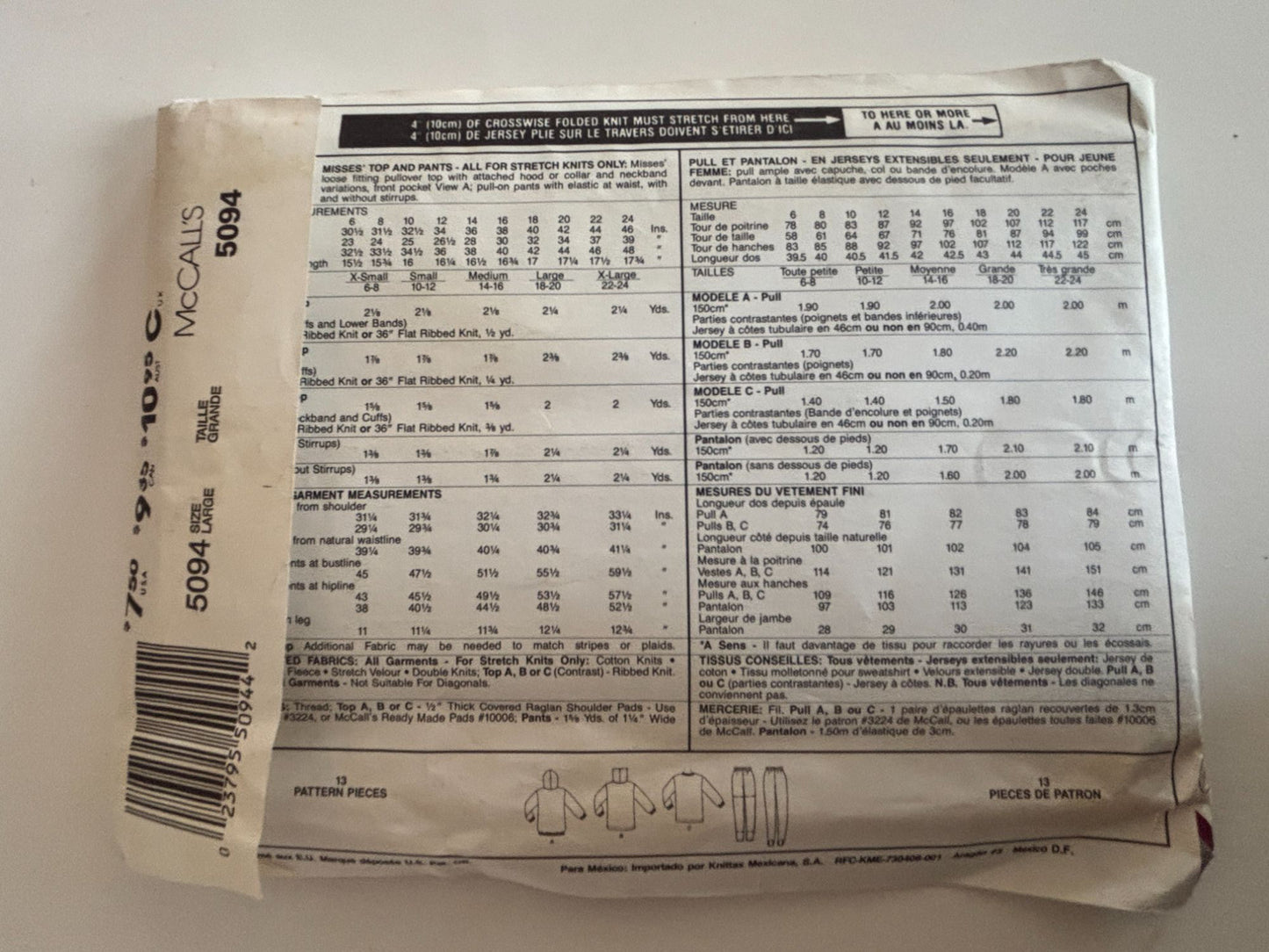 McCalls Sewing Pattern 5094 Loose Fitting Pullover Top Shirt Pants Large 16 18