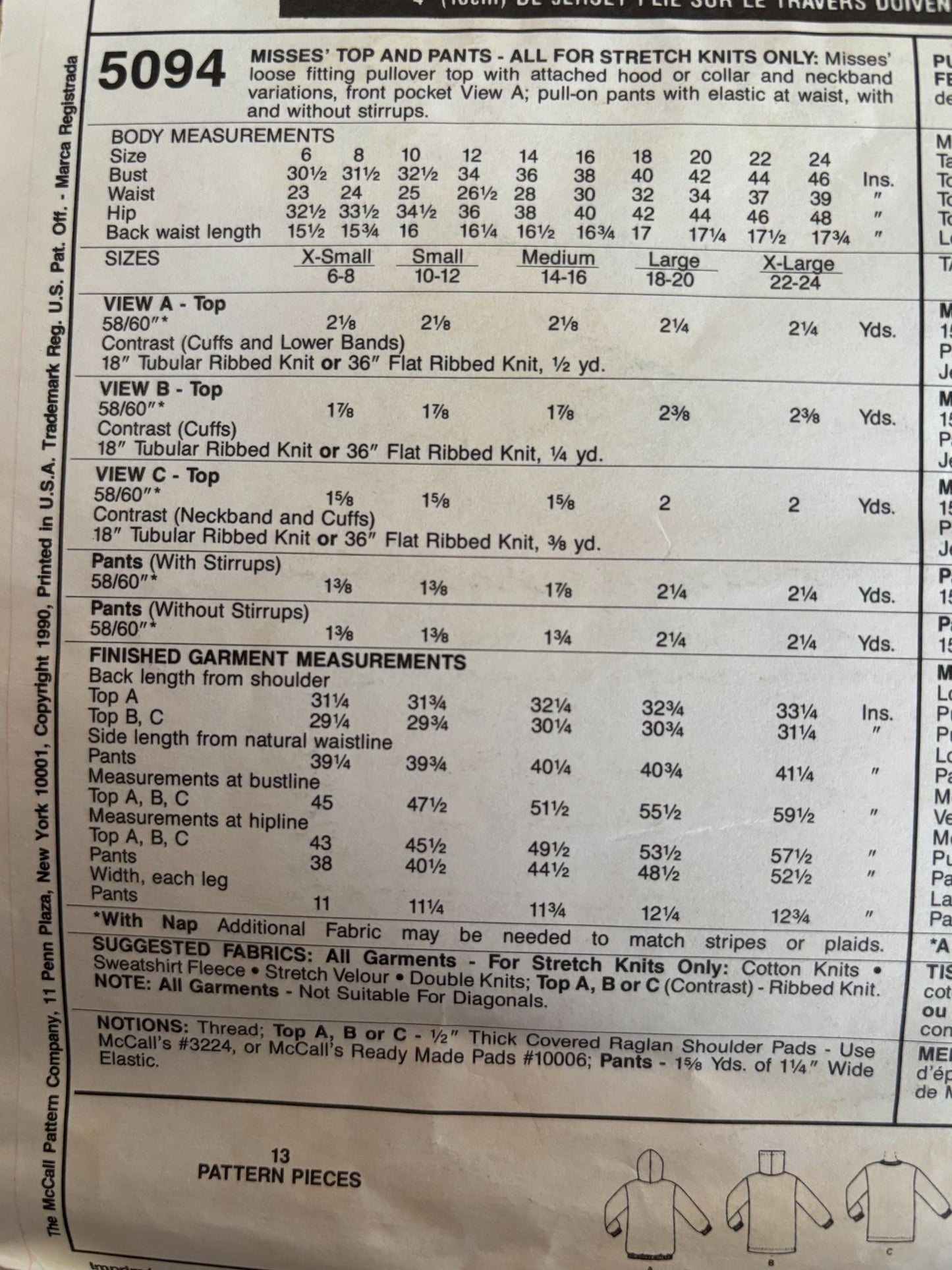 McCalls Sewing Pattern 5094 Loose Fitting Pullover Top Shirt Pants Large 16 18