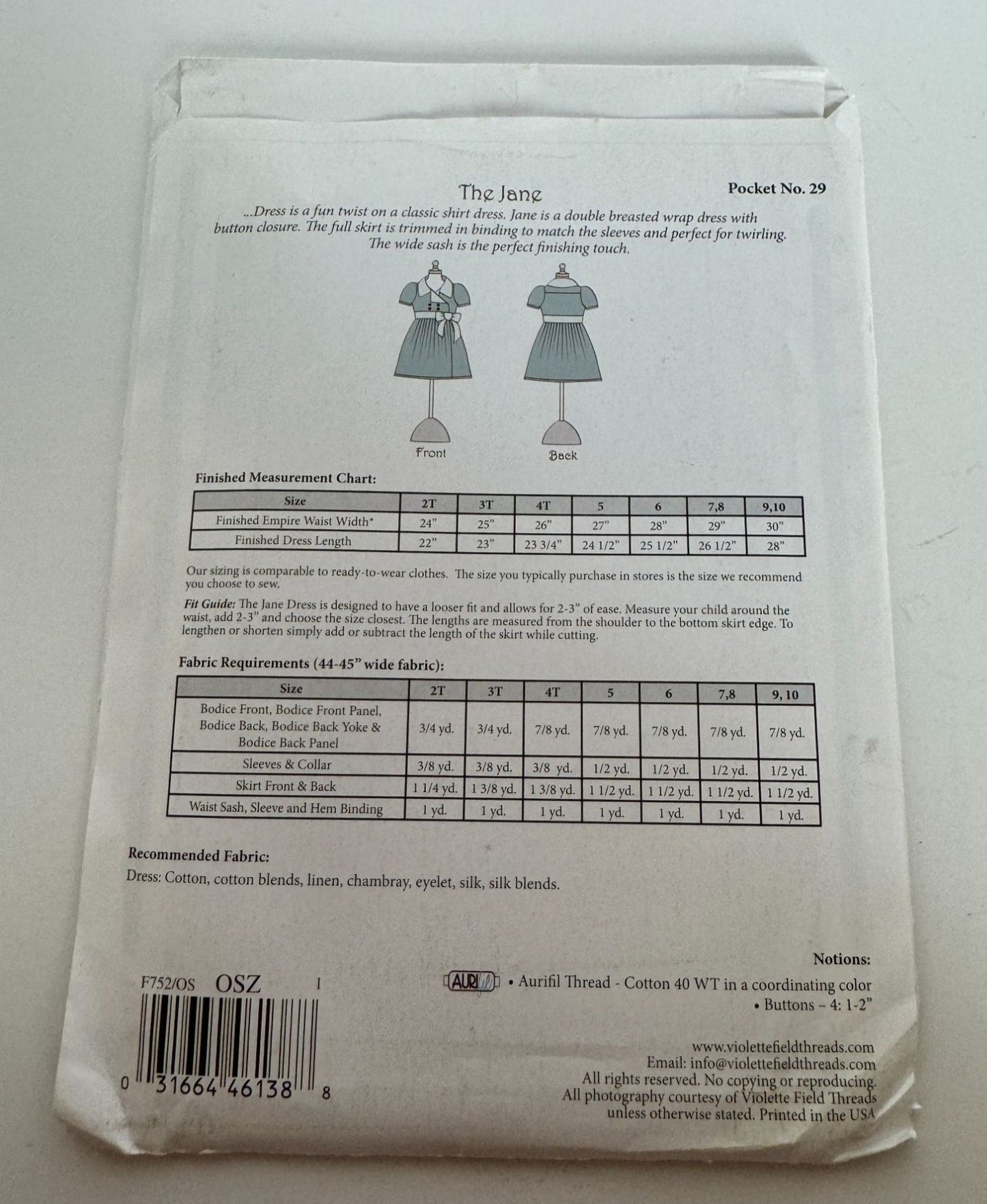 Violette Field Threads Sewing Pattern Jane Double-Breasted Wrap Dress 2T-10 yrs