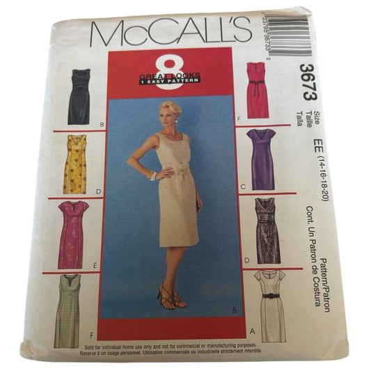 McCalls Sewing Pattern 3673 Straight Dress Career Work 8 Looks 14 16 18 20 Uncut