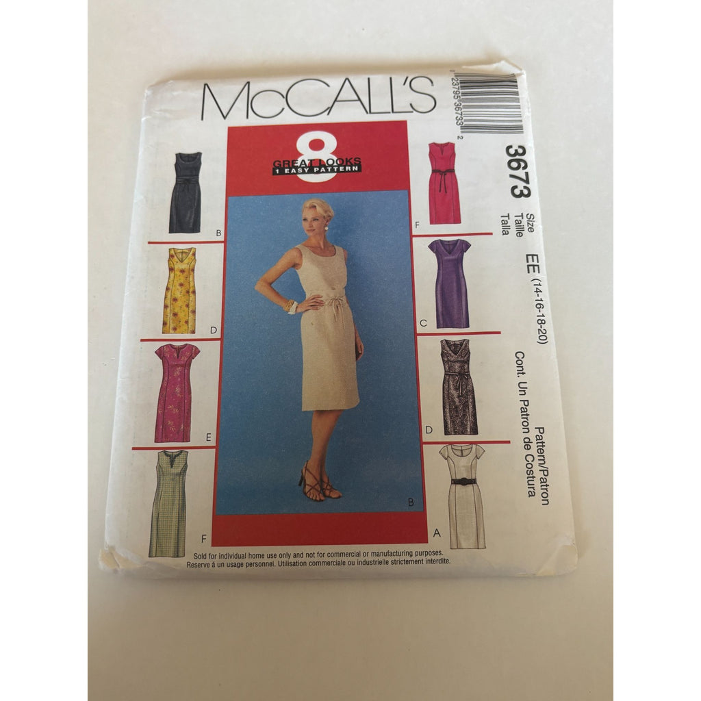 McCalls Sewing Pattern 3673 Straight Dress Career Work 8 Looks 14 16 18 20 Uncut