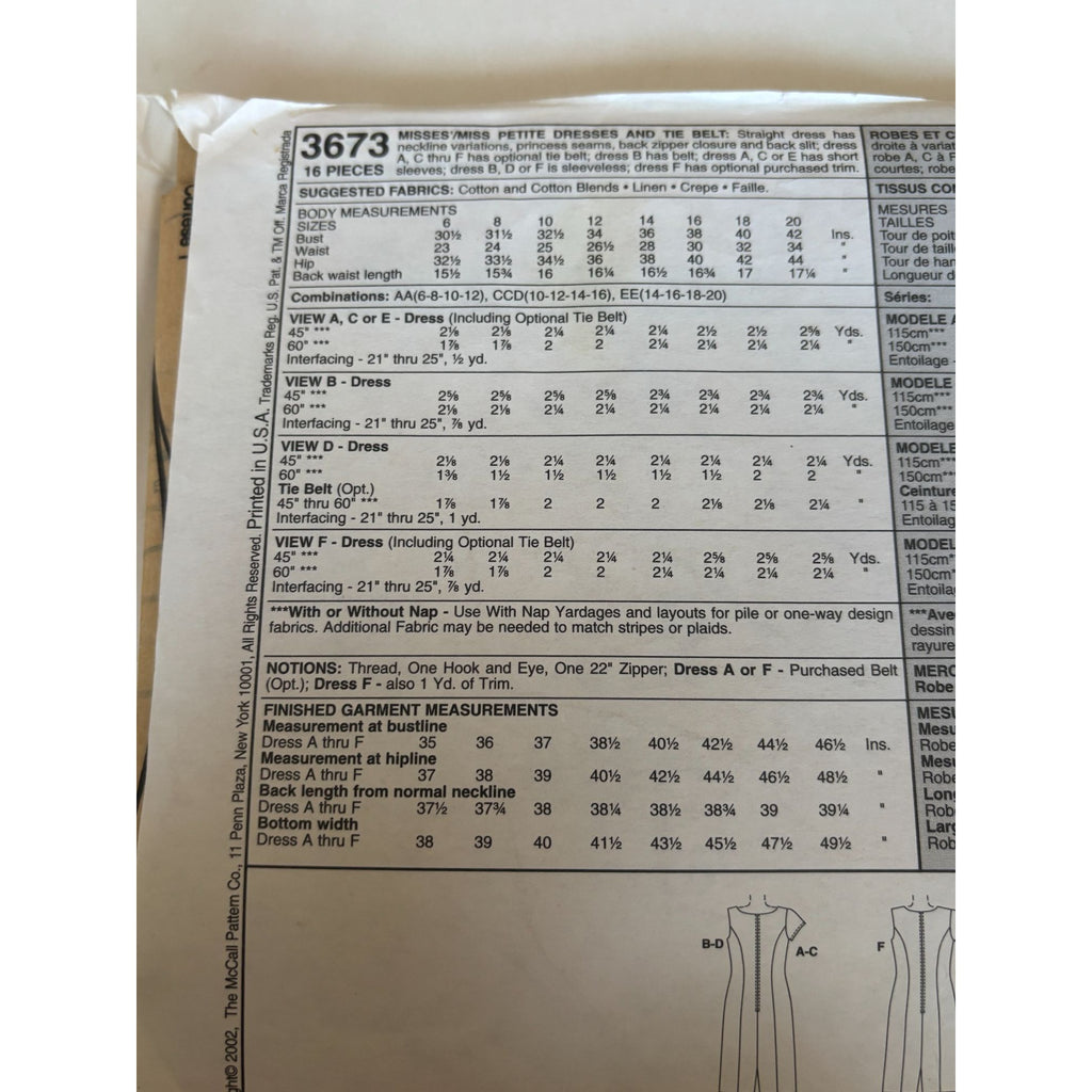 McCalls Sewing Pattern 3673 Straight Dress Career Work 8 Looks 14 16 18 20 Uncut