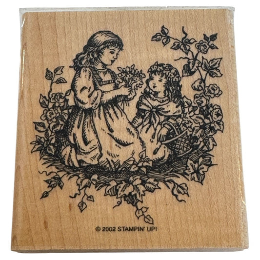 Stampin Up Rubber Stamp Sisters Woodland Girls Picking Flowers Spring Season Art