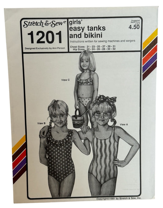 Stretch & Sew Sewing Pattern 1201 Girls Swimsuit Tank Bathing Suit Bikini Uncut