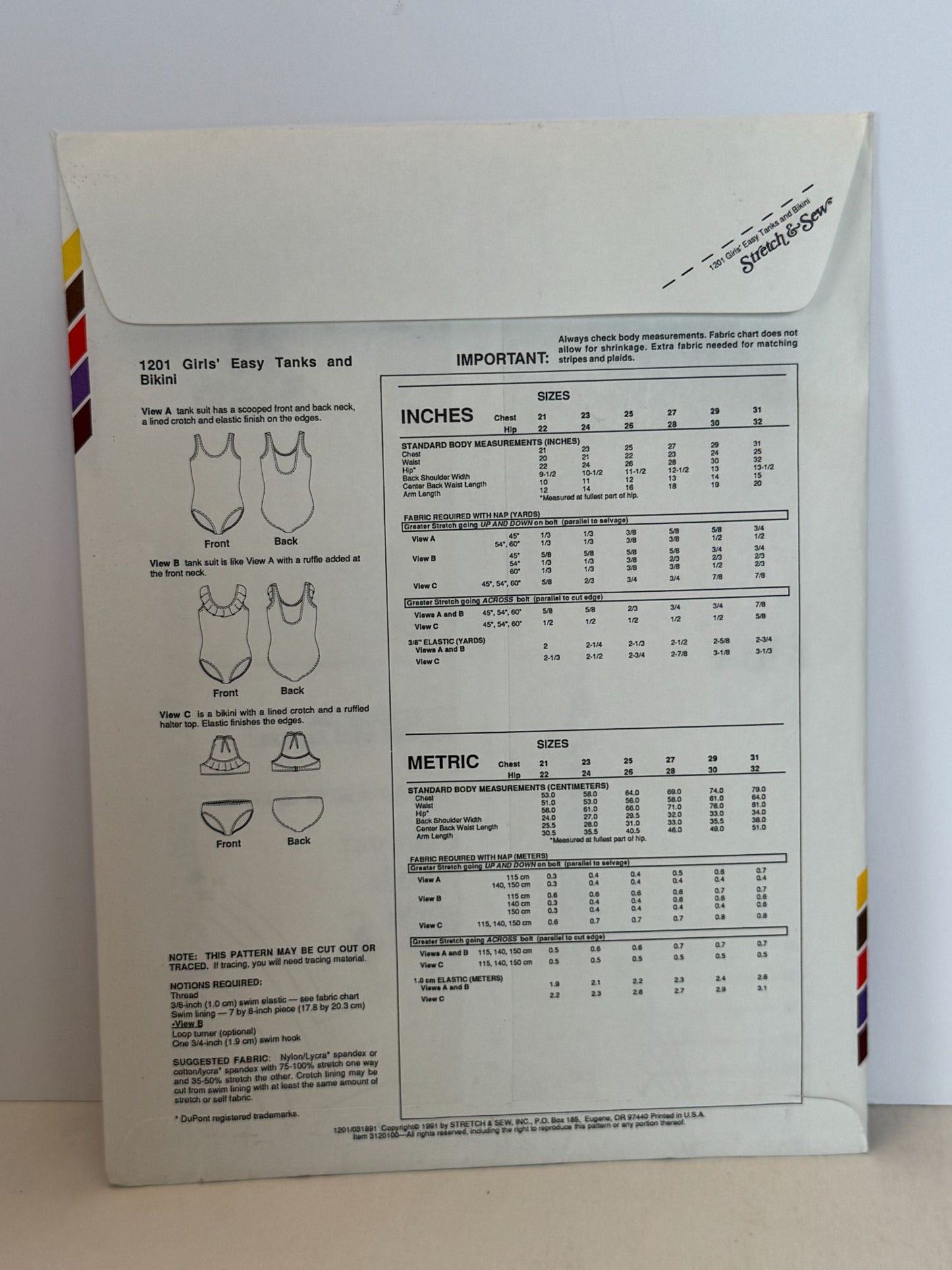 Stretch & Sew Sewing Pattern 1201 Girls Swimsuit Tank Bathing Suit Bikini Uncut