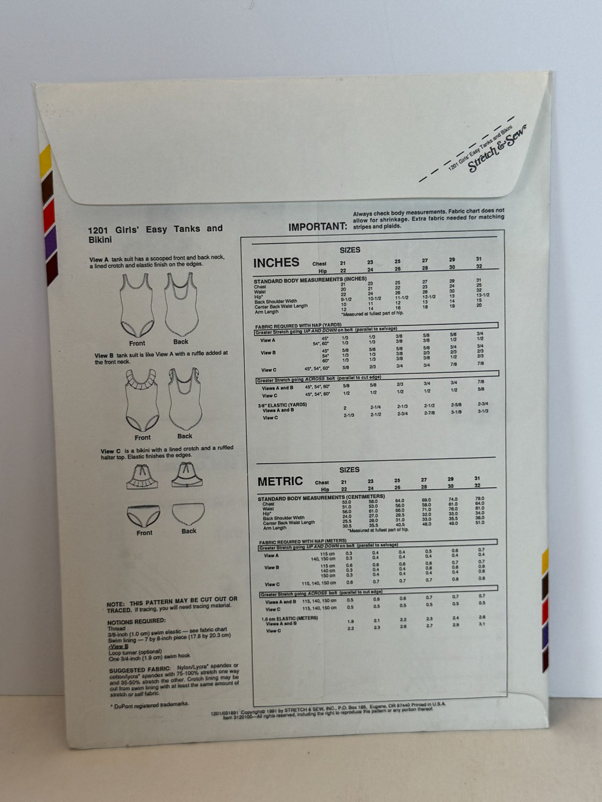 Stretch & Sew Sewing Pattern 1201 Girls Swimsuit Tank Bathing Suit Bikini Uncut