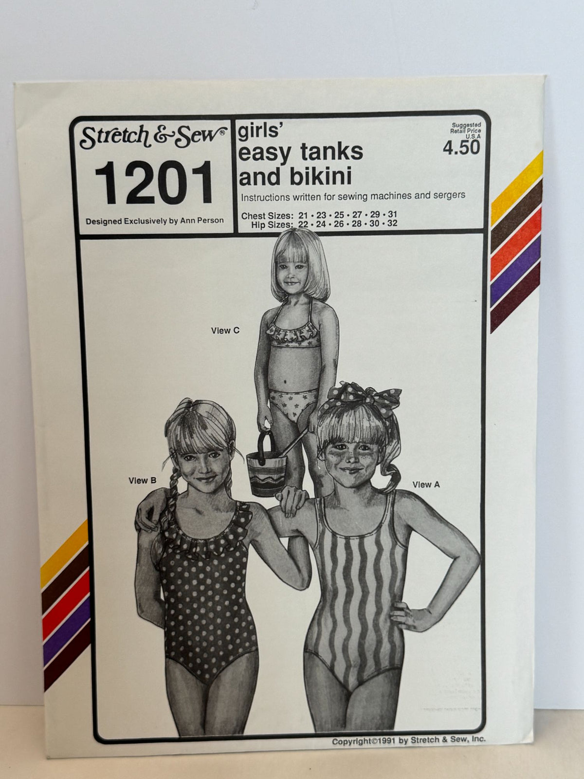 Stretch & Sew Sewing Pattern 1201 Girls Swimsuit Tank Bathing Suit Bikini Uncut
