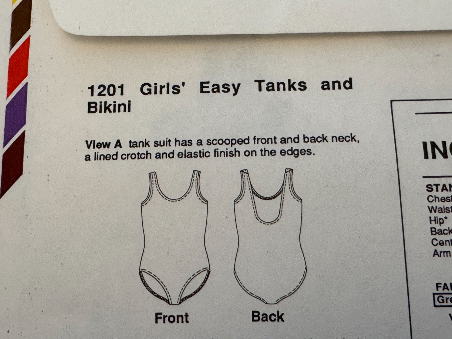 Stretch & Sew Sewing Pattern 1201 Girls Swimsuit Tank Bathing Suit Bikini Uncut
