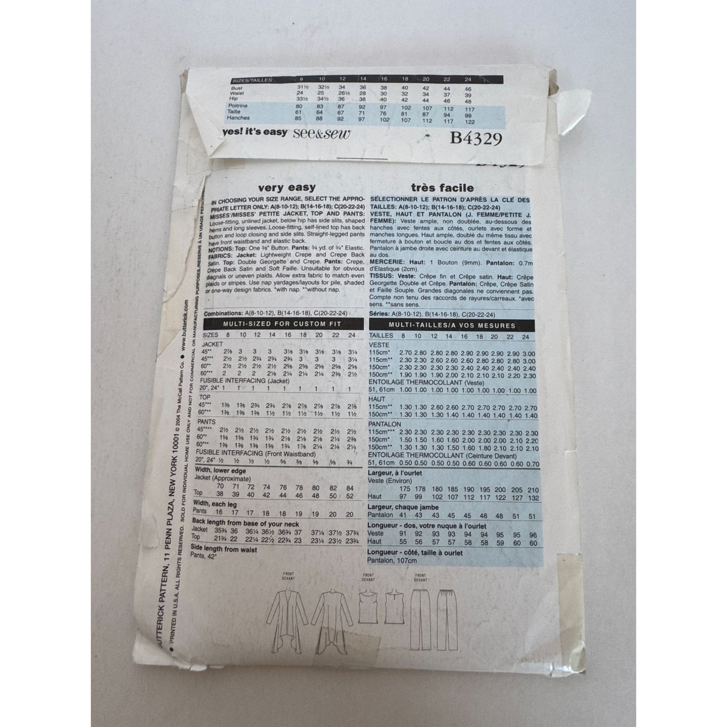 Butterick See and Sew Sewing Pattern B4329 Duster Top Pants Work 14 16 18 UC