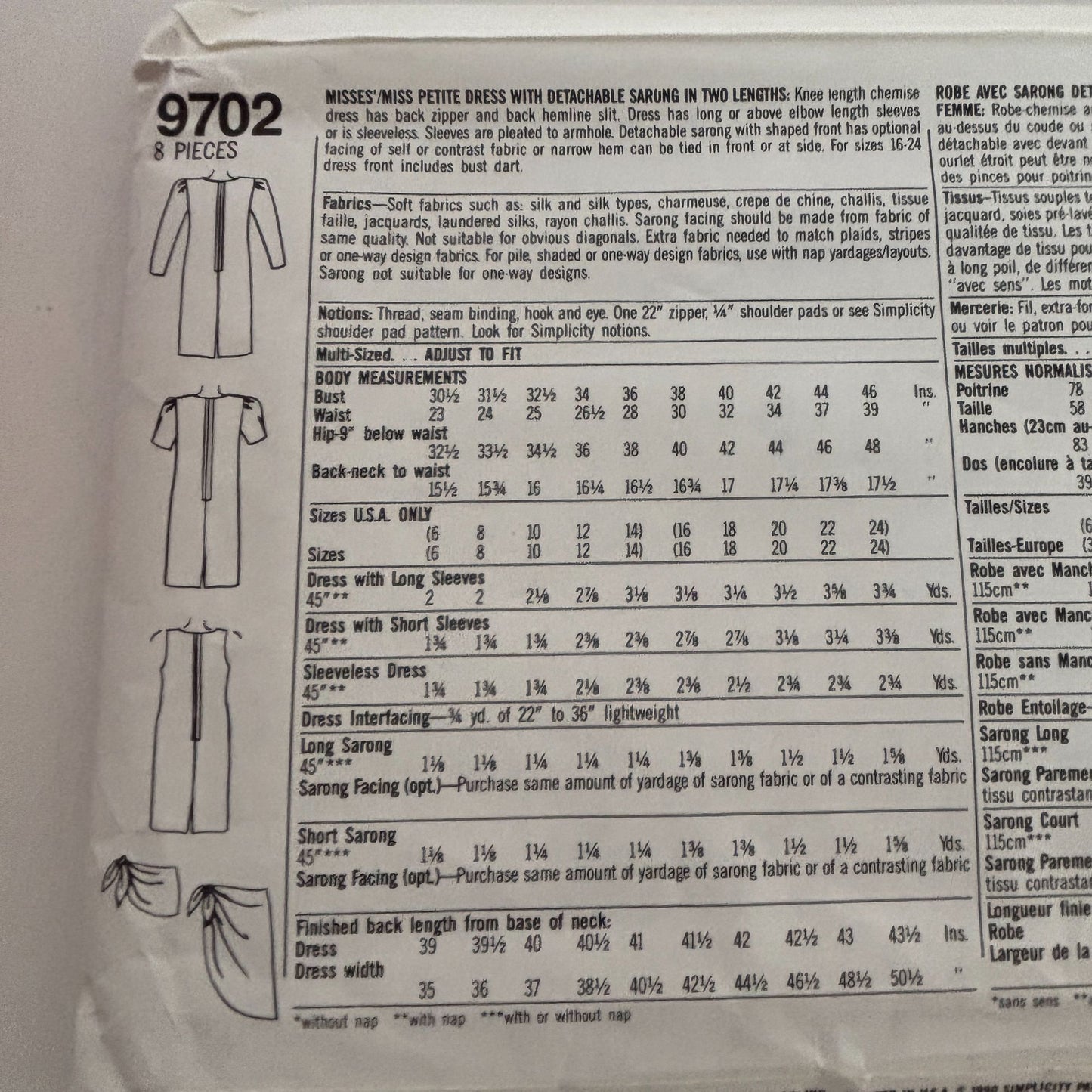 Simplicity Sewing Pattern 9702 Chemise Dress Detachable Sarong Knee Length 16-24
