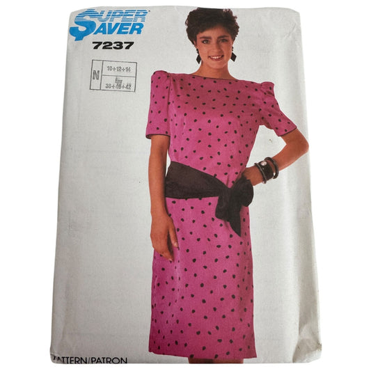 Simplicity Sewing Pattern 7237 Dress Puff Shoulders Sash Boat Neck 1980s 10-14