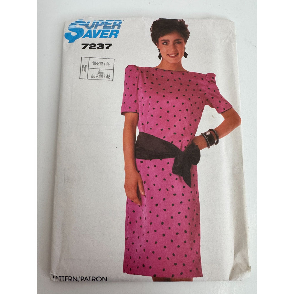 Simplicity Sewing Pattern 7237 Dress Puff Shoulders Sash Boat Neck 1980s 10-14